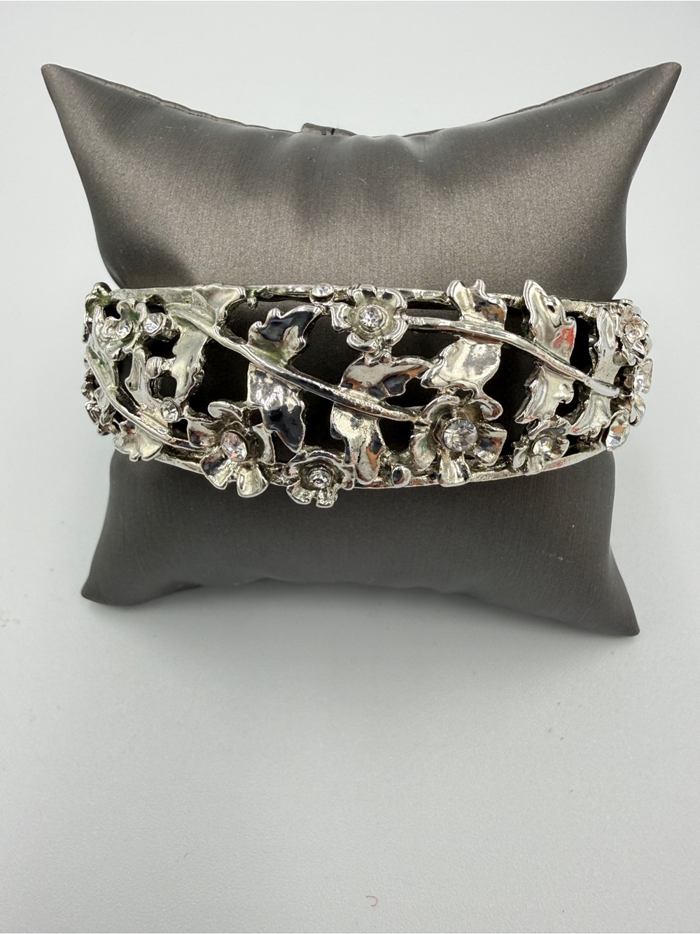 Silver Floral Vine Cuff Bracelet with Black Accents